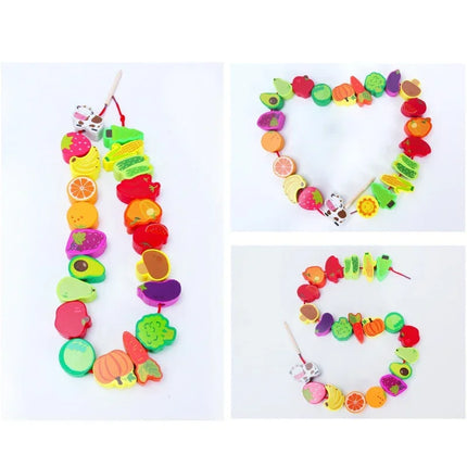 Montessori Educational Stringing Threading Wooden Beads Toys Cartoon Fruit Animal DIY Early Learning Toy for Kids Christmas Gift