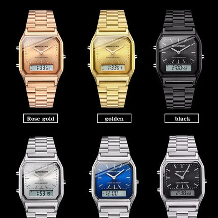 SANDA P747  Dual Display Clock Unisex Waterproof Sports Quartz Watch Luxury Mens Style Watches Stainless Steel Women LED Digital