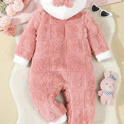 Autumn And Winter Jacquard Rabbit Plush Hooded Dress For Baby Girls, Winter Warm One-Piece Dress