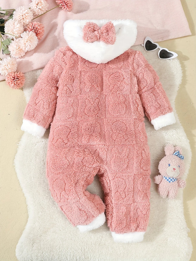 Autumn And Winter Jacquard Rabbit Plush Hooded Dress For Baby Girls, Winter Warm One-Piece Dress