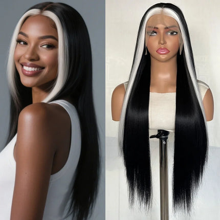 Women's Lace Front Wig Hand Hooked Black with White Highlights Long Straight Heat Resistant Synthetic Lace Wig For Cosplay