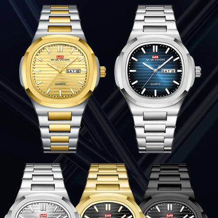 VA VA VOOM Square Luxury Men Wristwatch Waterproof Luminous Date Stainless Steel Male Clock Business Sports Quartz Watch for Men