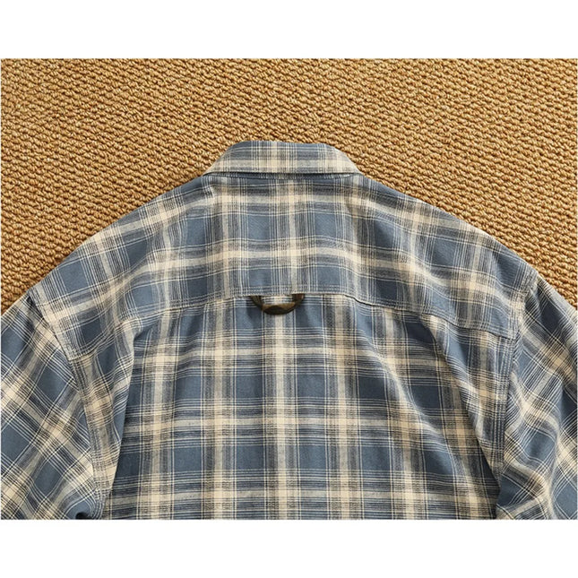 New summer retro pure cotton washing men's loose casual plaid lapel short-sleeved work shirt