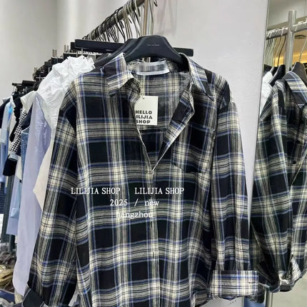 Loose Long-Sleeve Shirt Women's Korean Style Plaid Versatile Shirt with Belt, Slimming Effect, Early Autumn New Style Dongdaemun