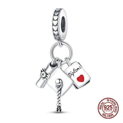 100% 925 Sterling Silver Graduation Season Series Owl Bachelor's Hat Charms Beads Fit 3mm 925 Original Bracelets DIY Jewelry