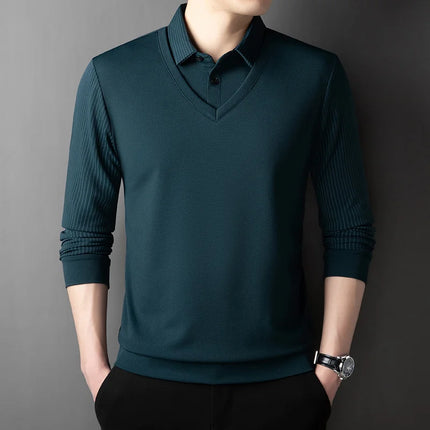 Men's Casual Fashion Long Sleeve Solid Color Polo Shirt 2025 Business Versatile Top All Season Fake Two-Piece
