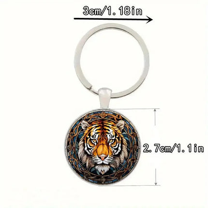 Stained Glass Style Tiger Head Round Keychain, Animal Pattern Glass Cabochon Metal Key Ring, Cool Wildlife Fashion Accessory Gift for Men