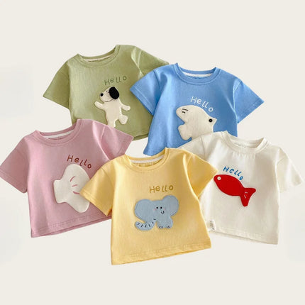 2026 New Summer Kids Clothes Cute Cartoon Patch Short Sleeve T-shirt 0-5Y Girls Boys Letter Print Casual Soft Undershirt