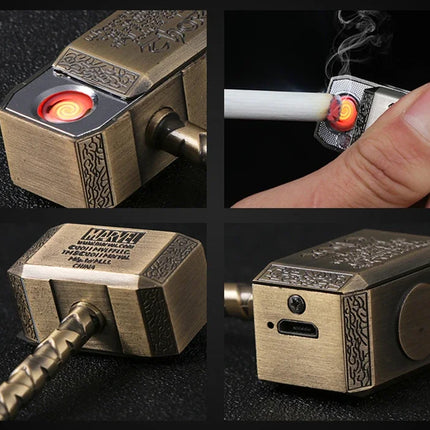 Creative Windproof USB Electric Rechargeable Lighter Thor Hammer Zinc Alloy Flameless Keychain Lighter Men's Smoking Gift