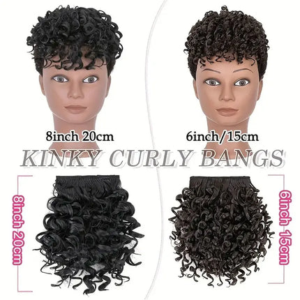 BENEHAIR Short Afro Kinky Curly Bangs Synthetic Clip in Bangs 6-8inch Clip-on Bangs Ponytail Hair Extension Wig For Women