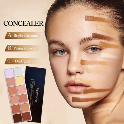 VERONNI 12Color Concealer Palette with Brush-Natural Cream Acne Spot Dark Circles Cover Face Foundation Brighten Cosmetic Makeup
