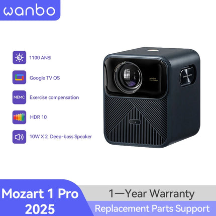 Wanbo Mozart 1 Pro Google TV Projector,1200 ANSI,Online 4K,HDR10,MEMC,20W Speaker,HDMI 2.0,ASA 3.0,32dB Low Noise