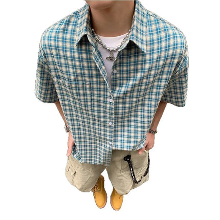 American Retro Plaid Shirt Men's Short Sleeve Summer Casual Trendy Ice Silk Men's High Fashion Brand Handsome Coat