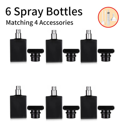 6Pcs+4 Accessories 30ml/1 oz Clear Black Refillable Perfume Bottle, Portable Square Empty Glass Perfume Mist Bottle.