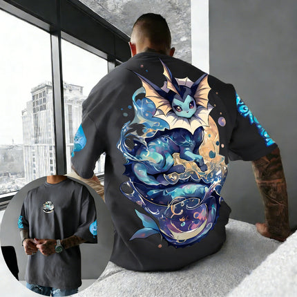 Pokemon  Anime Vaporeon Printed Cotton T-shirt Summer New Men's and Women's Loose Casual Street Hip-hop Short Sleeved Top