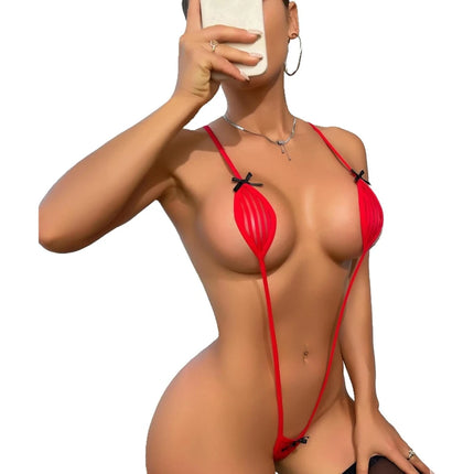 Sexy Pink Sling Bodysuit Mini Teddy Lingerie with Black Bow Decor Deep V Backless One Piece Thong for Nightwear Boudoir Costumes