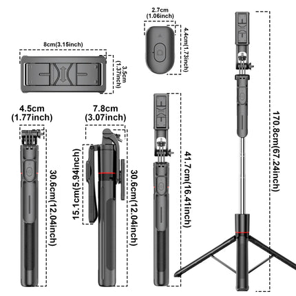 67in F16 Bluetooth Selfie Stick Tripod - Wireless Extendable Phone Holder with 1/4" Screw for Smartphone/Camera/Vlog