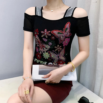 Summer Streetwear Fashion Women's T-shirt Luxury Design Butterfly Hot Diamonds Tee Sexy Off Shoulder Girls Tops European Clothes