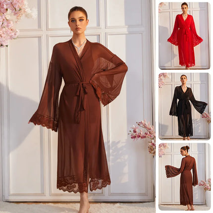Sexy See-through Mesh Nightgown For Home Leisure Lace-up Cardigan Thin Bathrobe For Women Solid Color Dress Elegant M9ET