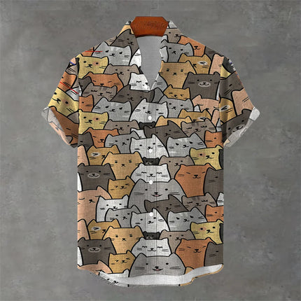 Men's New Short-Sleeved Shirt, Cartoon Cat Print, Hawaiian Style Casual Vacation Lapel Top, Wrinkle-Resistant and Non-Iron.