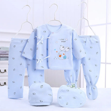 5Piece Sets Spring Baby Girl Boy Clothes Casual Cartoon Cute Print Long Sleeve Cotton Tops+Pants+Hat Newborn Hospital Set