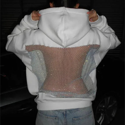 Women's Fashion Translucent Pullover Sweatshirt American Gothic Sexy Hollow Mesh Hoodie Y2K Clothes Casual Long Sleeves Jacket