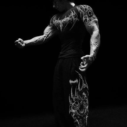GYM T-shirt Men's Dark Gothic Print Muscle Tee  High Elasticity And Quick Drying Exercise For Bodybuilding Training 2025 Summer