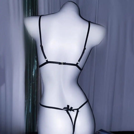 Sweet Deep V Neck Lace Bow Bodysuit Mesh Hollow Transparent Women Lingerie Jumpsuits Sleeveless Lace Sling Nightwear Gifts