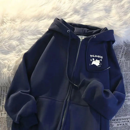American Style Cat Print Open Cardigan Hoodie Jacket Loose Fit Long Sleeve Polyester Comfortable Casual Commute Style for Women