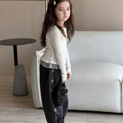 Girls Lace T-shirt 2024 Autumn New Slim Fit Girl Top Children Stylish Versatile High Elasticity Knitted Sweater