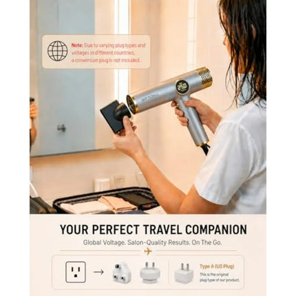 Travel hair dryer for curly hair, infrared ionic ceramic, black/white, 2000W fast drying, lightweight low-noise dual voltage wi