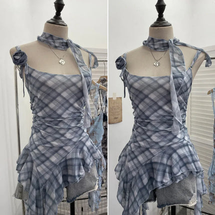 Women's Vintage Tie-dye Printed Mesh Spaghetti Strap Camisole Hot Girl Irregular Ruffled Ribbon Sleeveless Top Partyclub 1185