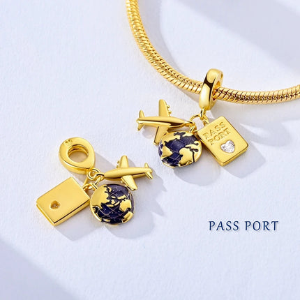 925 Sterling Silver Travel Passport Trunk Charms Fit Original Bracelet Diy Airplane Earth Beads for Jewelry Making Gift