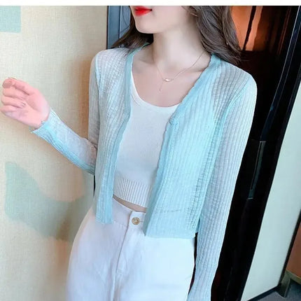 Slim Fit Knitted Long Sleeve Short Cardigan Women's Summer New Style Korean Version Thin Outerwear Pure Color Sun Protection Shi