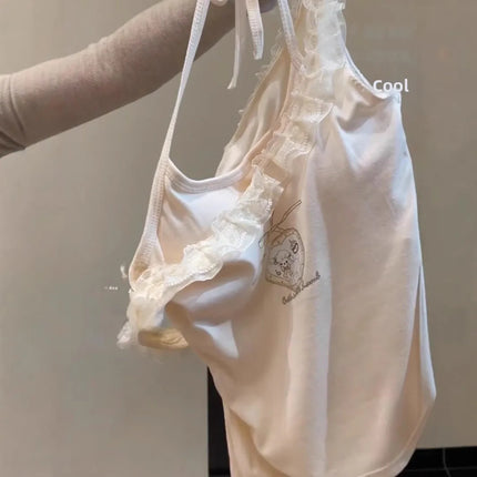 Removable Pad Lace Trim Crop Top Sleeveless Tank Top Printed Design Sweet And Spicy Style Women's Fashion Cotton Blend
