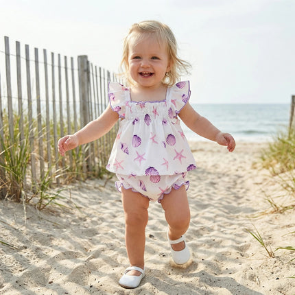 Baby Girl Summer 2Pcs Outfits Watermelon/Sunflower/Ocean Print Ruffled Trim A-Line Flying Sleeve Square Neck Tops and Shorts Set