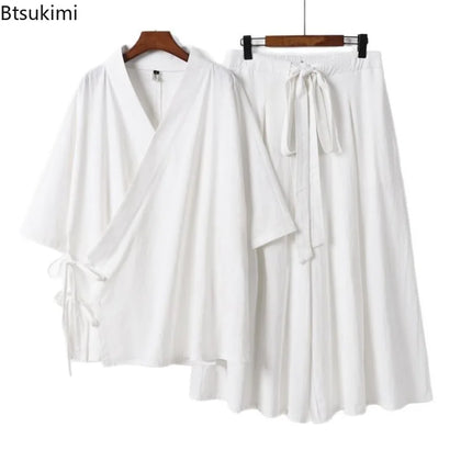 2026 Chinese Style Men's Linen Suit Tang Style Zen Style Hanfu Taoist Long Robe Top Pants Cotton and Linen Loose Two-piece Set