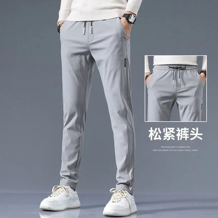 Summer Ice Silk Men's Pants Elastic Straight Leg Sweatpants Black Gray Thin Business Casual M-5XL Outdoor Breathable