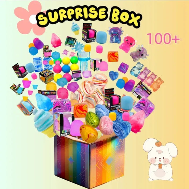 100+ Pcs Surprise Box Toys, Novelty Stress Relief Toys, Assorted Squishy Figures Blind Box. And Axolotl Designs.
