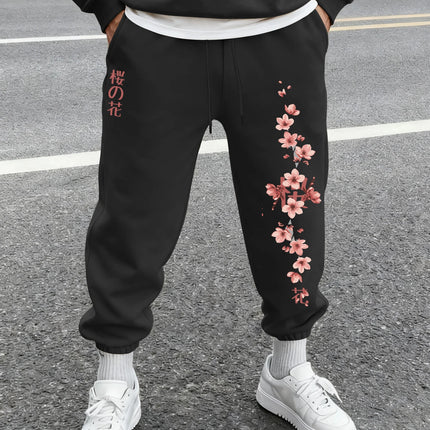 Men's Harajuku Sakura Cherry Blossom Japanese Kanji Print Sweatpants Elastic Waist Soft Daily Street Hip Hop Joggers