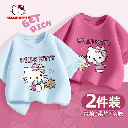 (2 Pieces Per Pack) Sanrio Summer Baby Girls 100% Cotton Clothes Kid Children Girl Hello Kitty Printed T-shirts Short Sleeve Top