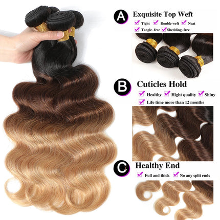 Ombre Body Wave Bundles With Frontal T1b/4/27 Colored Bundles With Frontal Brazilian Hair Bundles With Lace Frontal Closure