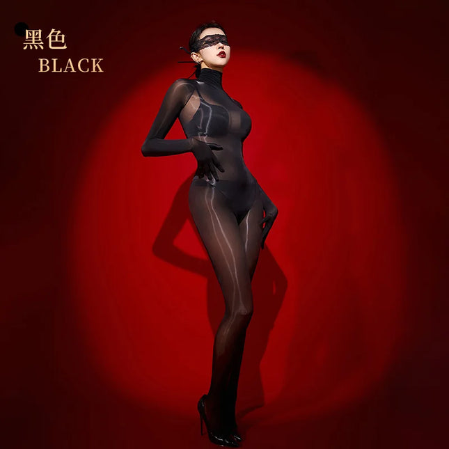 Transparent Oil Shiny Bodysuits Female 8D Full Body Stockings Glossy Jumpsuits Erotic Lingerie Open Crotch Pantyhose for Sex