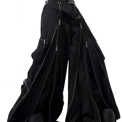 Mauroicardi Spring Autumn Cool Black Baggy Wide Leg Techwear Pants for Mens with Many Zippers Luxury Designer Clothes Streetwear