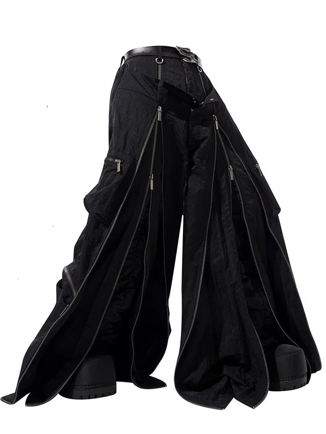 Mauroicardi Spring Autumn Cool Black Baggy Wide Leg Techwear Pants for Mens with Many Zippers Luxury Designer Clothes Streetwear
