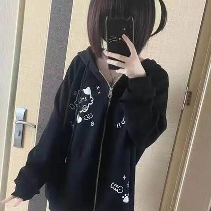 Cute  Print Hoodie Women's Oversized Fleece Lined Autumn Winter Jacket Korean Style Commute Friendly Regular Fit Zipper