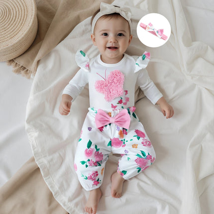 Baby Girls Fall Outfit Long Sleeve Butterfly Print Romper with Floral Pants and Bowknot Headband Clothing Set