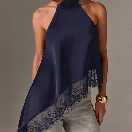 Women Y2k Mock Neck Halter Top Satin Lace Asymmetrical Hem Tank Tops Sleeveless Elegant Going Out Crop Tops