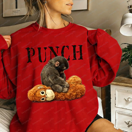 Punch Cozy Kawaii Autumn and Winter Sweatshirt Baby Monkey and Plush Toy Animal Lover Gift Cute Viral Matching Hoodies Pullover