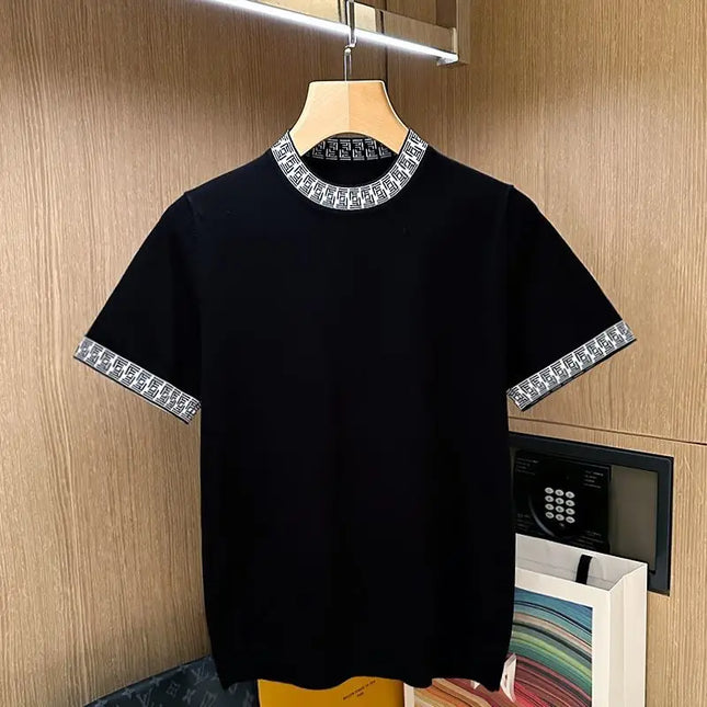 Luxury Men's Short Sleeve T-Shirt 2025 New Summer Trend Splicing Threaded Ice Silk Knitted Short Sleeve Men